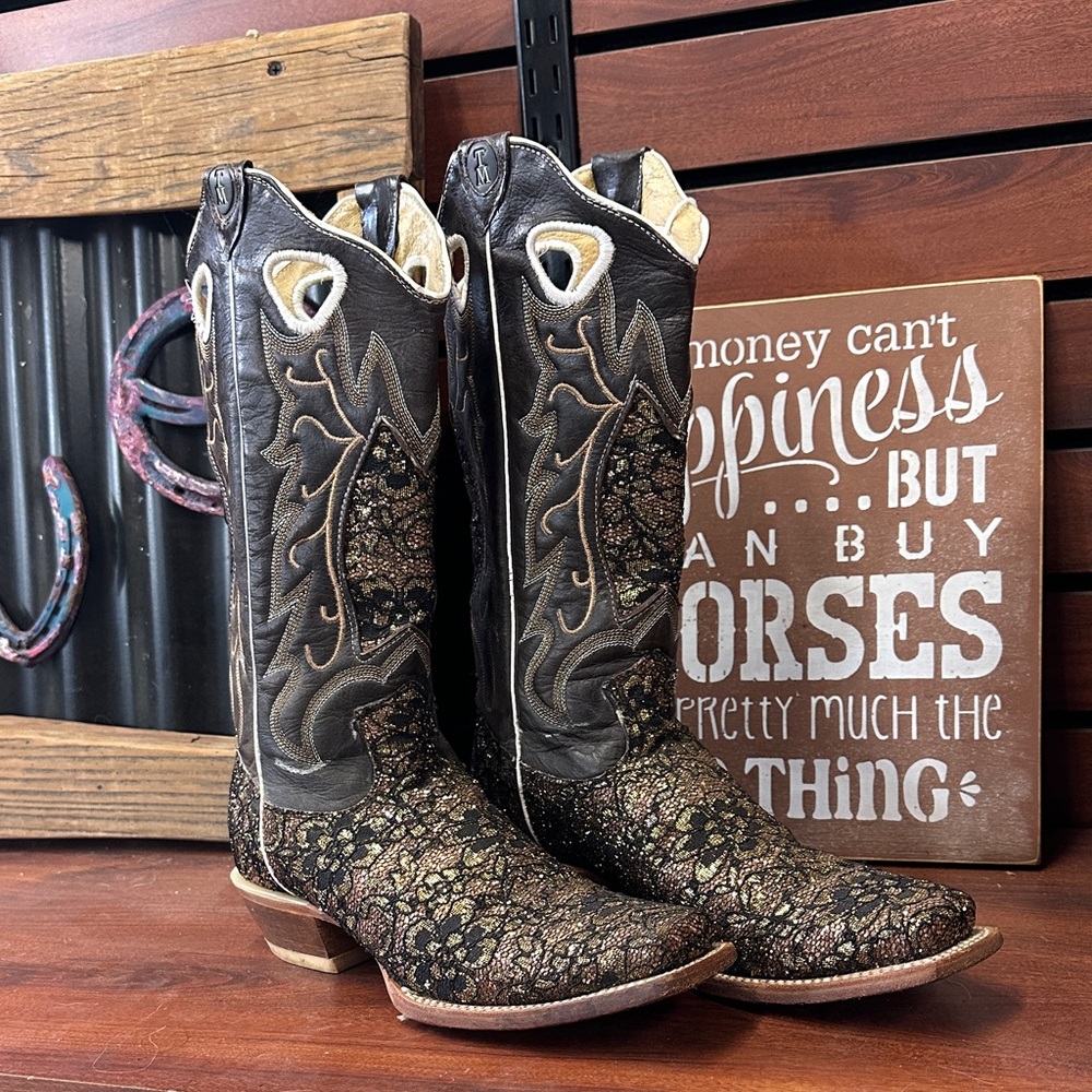 Women’s Black Lace Overlay Heeled Cowboy Boots